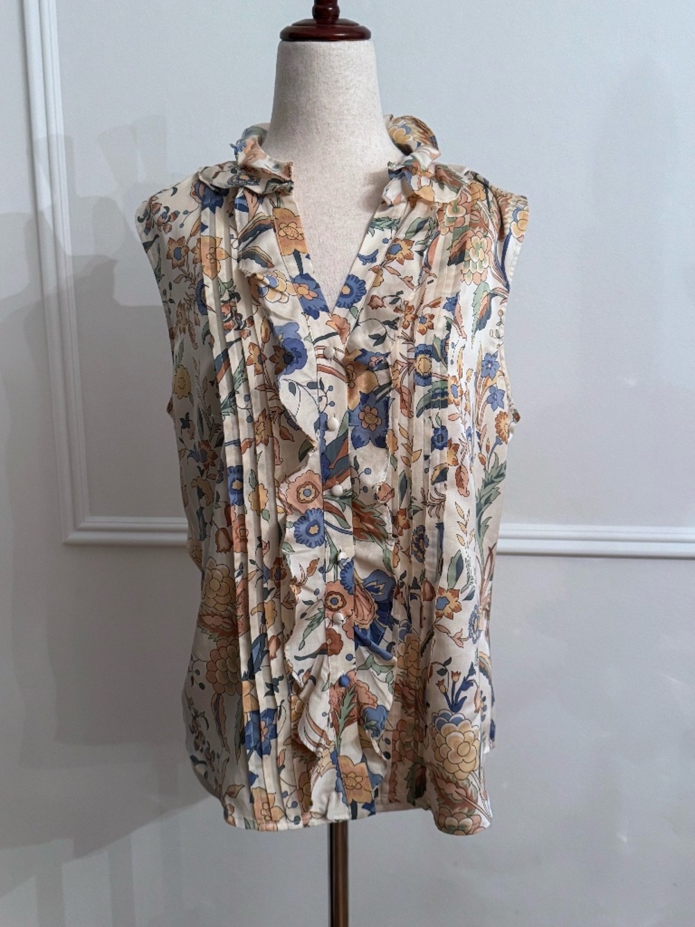 Talbots Petites Silk Blend Ruffle Blouse Sleeveless Jacobean Floral Pintuck 12P